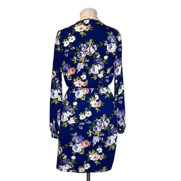 LULU'S Mini Floral Dress Faux Wrap LongSleeve V-Neck Cocktail Blue Cottagecore - Picture 5 of 12